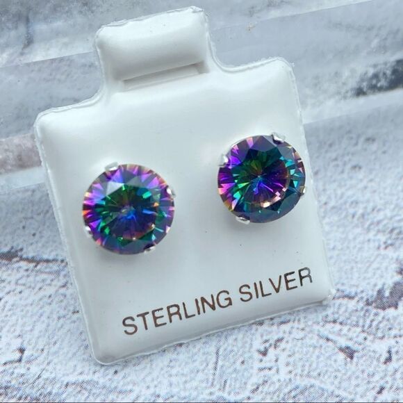 Rainbow Topaz CZ 8mm Sterling Silver Stud Earrings - Picture 2 of 5